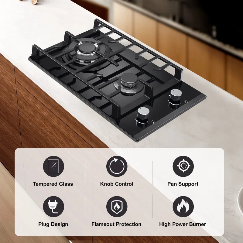 TopStrong 2 Burners 30cm Kitchen Built in Tempered Glass NG/LPG Dual Fuel Gas Hob UKGCT-B02 image 4