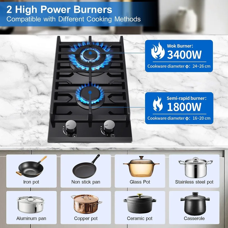 TopStrong 2 Burners 30cm Kitchen Built in Tempered Glass NG/LPG Dual Fuel Gas Hob UKGCT-B02 image 5