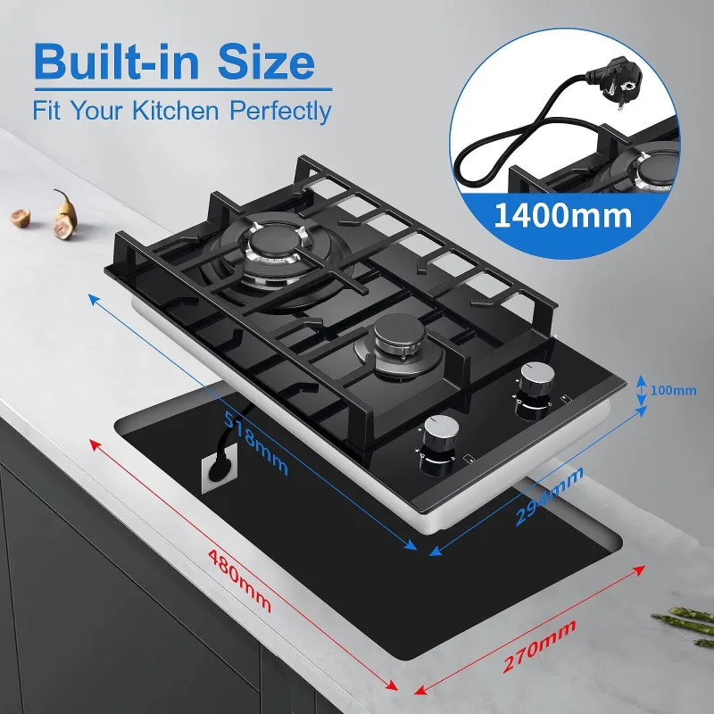 TopStrong 2 Burners 30cm Kitchen Built in Tempered Glass NG/LPG Dual Fuel Gas Hob UKGCT-B02 image 6
