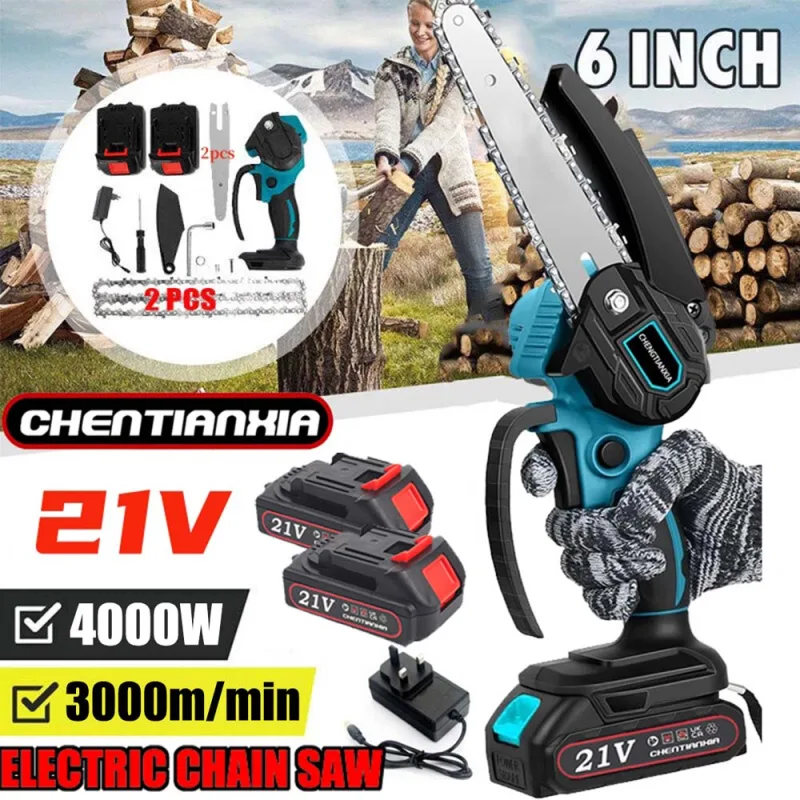 6 Inch 4000 Watt Portable Mini Cordless Chainsaw Electric Single Hand Saw Wood Cutter with 2 Battery Rechargeable Lightw image 1