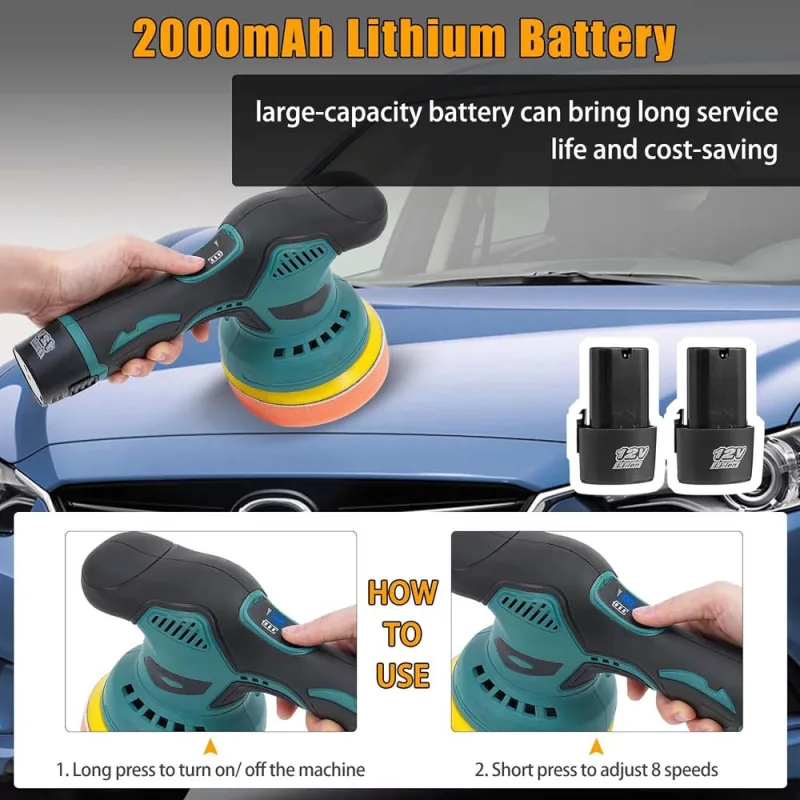 2 Batteries Cordless Car Polisher Buffer Sander Machine Polishing Pads Kit image 4
