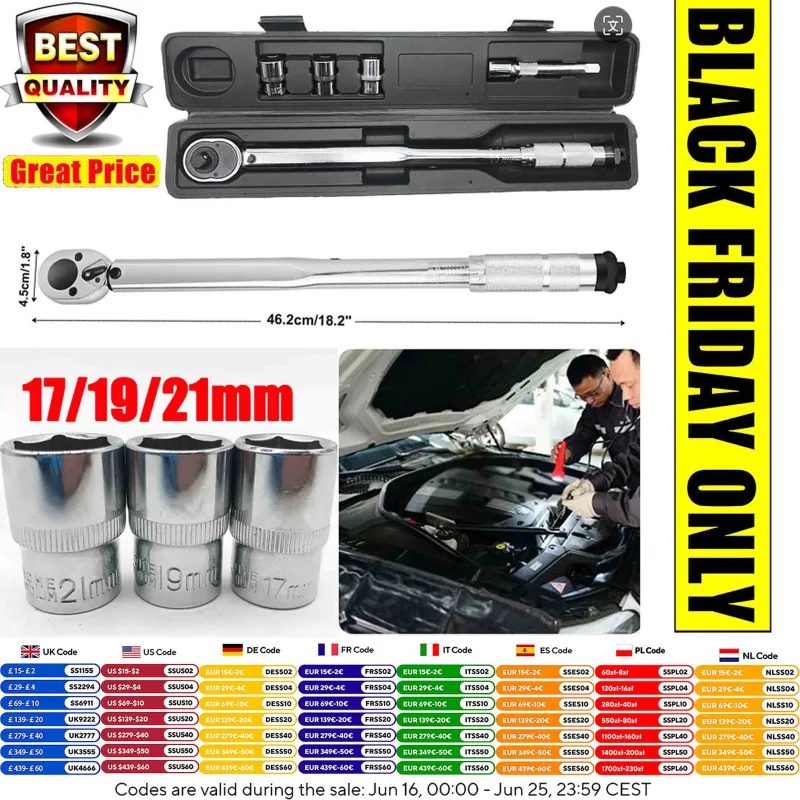28-210Nm Ratchet Torque Wrench 1/2" Wheel Bolt Wheel Nut Wrench 460mm with Extension & Wheel Bolt Sockets 17mm/19mm/21mm image 1