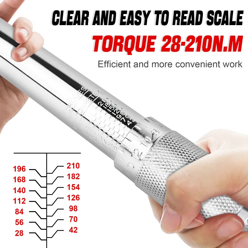 28-210Nm Ratchet Torque Wrench 1/2" Wheel Bolt Wheel Nut Wrench 460mm with Extension & Wheel Bolt Sockets 17mm/19mm/21mm image 2