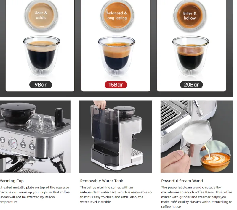 Espresso Machine with Milk Frother and Grinder, 15 Bar Automatic Espresso Coffee Machine All In One Coffee Maker with It image 2