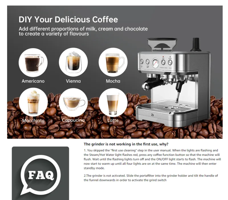 Espresso Machine with Milk Frother and Grinder, 15 Bar Automatic Espresso Coffee Machine All In One Coffee Maker with It image 3