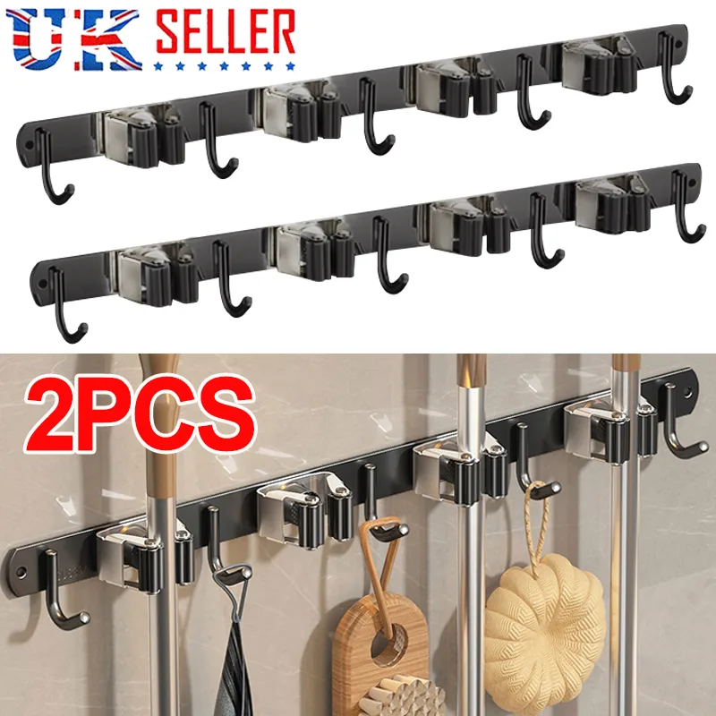 2X Wall Mounted Mop Brush Broom Organizer Hanger Holder Storage Rack Hanger Hook image 4