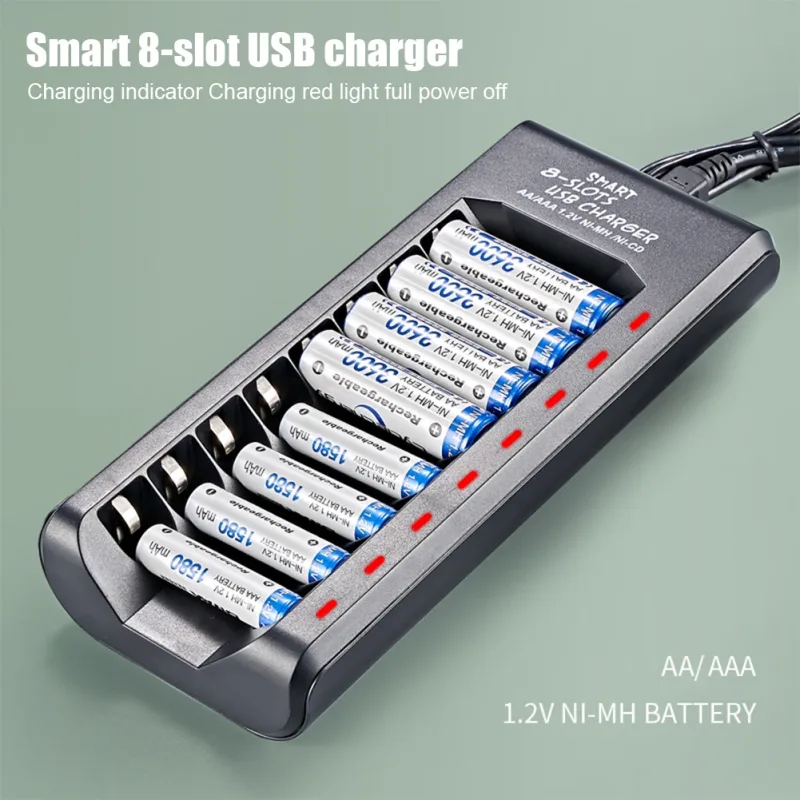 Rechargeable Battery Charger USB Output 8 Slots Fast Charging Short Circuit Protection for 1.2V NiMH AAA/AA Batteries Ch image 1