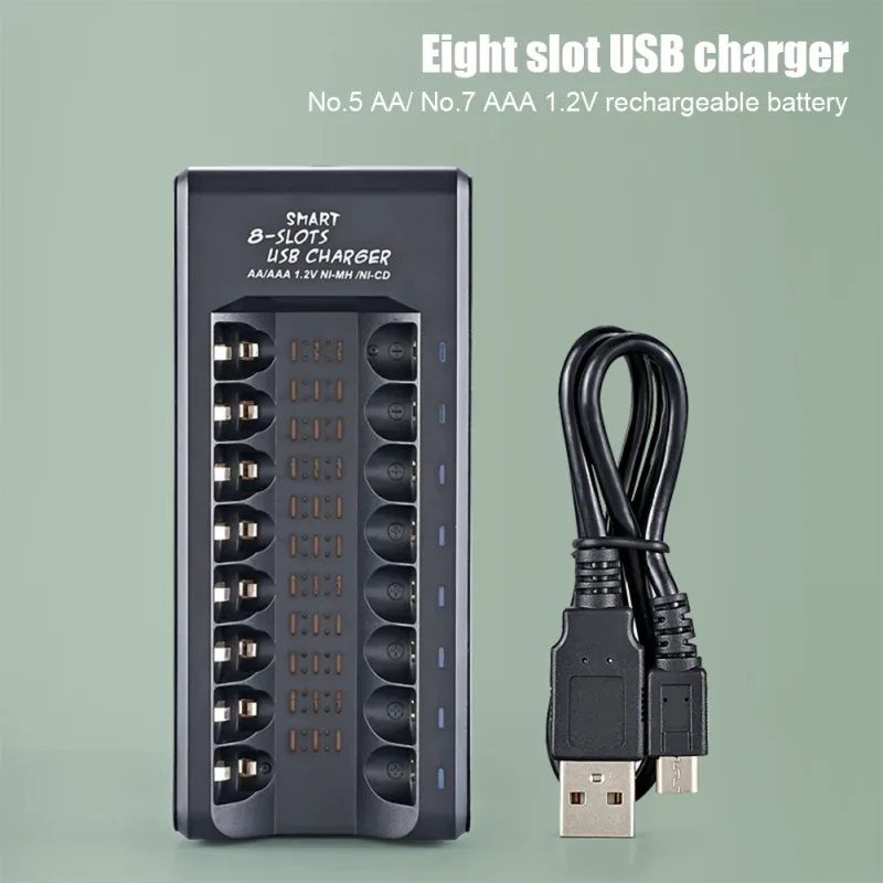Rechargeable Battery Charger USB Output 8 Slots Fast Charging Short Circuit Protection for 1.2V NiMH AAA/AA Batteries Ch image 2
