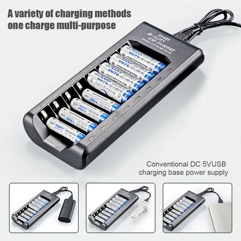 Rechargeable Battery Charger USB Output 8 Slots Fast Charging Short Circuit Protection for 1.2V NiMH AAA/AA Batteries Ch image 3
