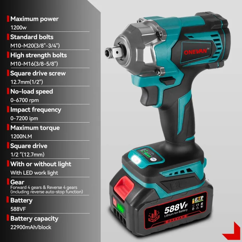 ONEVAN 1200N.M Brushless Electric Impact Wrench 3 Funtion 1/2" Cordless Portable Screwdriver Drill Tools For Makita Batt