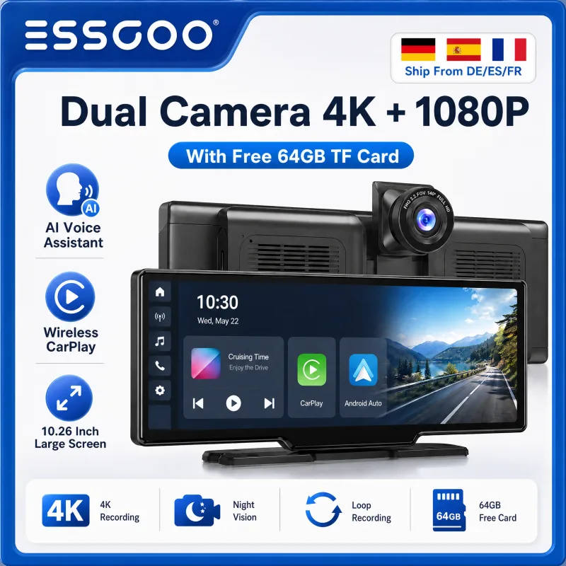 ESSGOO 10.26" Wireless CarPlay & Android Auto Dash Cam ADAS 4K DVR Bluetooth Audio AUX GPS Navigation Dashboard Video Recorder