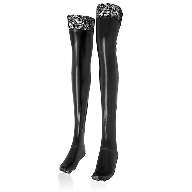 Womens PVC Leather Shiny Long Socks Thigh-High Stockings Wet Look Lace Hold ups image 4