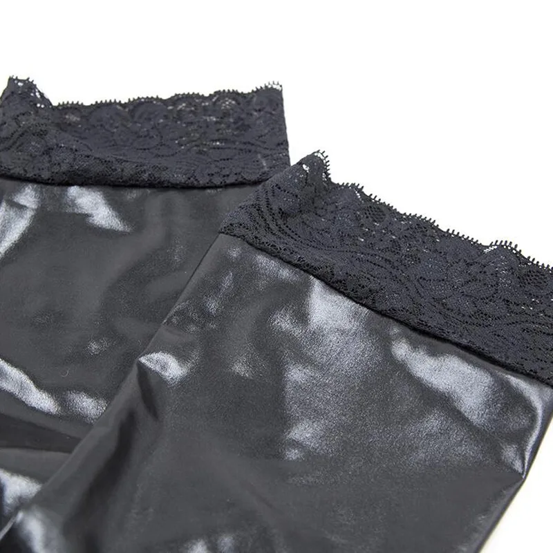 Womens PVC Leather Shiny Long Socks Thigh-High Stockings Wet Look Lace Hold ups image 6