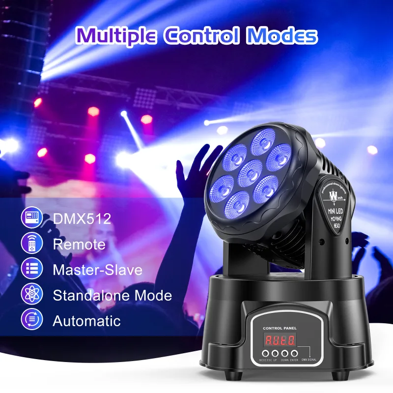 7x15W LED Moving Head Light 4 IN 1 RGBW Professional Stage Effect Wash Light for Disco DJ Party Music Dance Club 9/14CH  image 3
