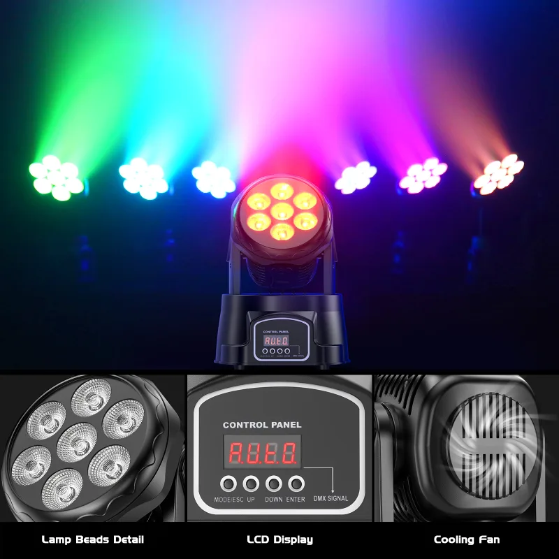 7x15W LED Moving Head Light 4 IN 1 RGBW Professional Stage Effect Wash Light for Disco DJ Party Music Dance Club 9/14CH  image 4