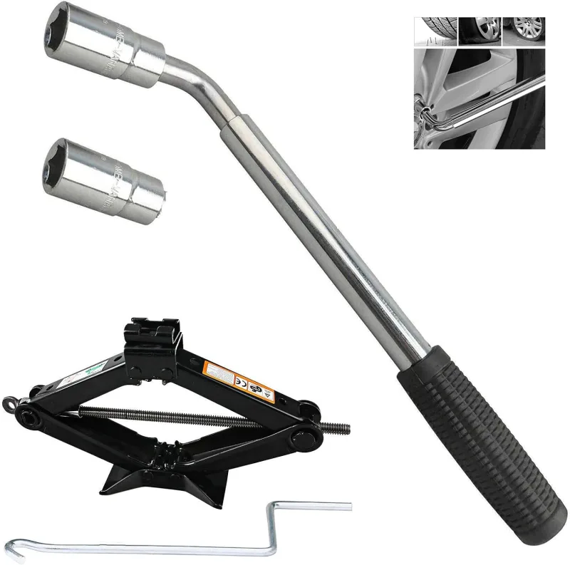 Universal Spare Tire Tool Kit Wheel Lug Nut Wrench 17mm 19mm 21mm 23mm + Scissor Jack 2 Ton for Car Van Road Side Emerge image 1
