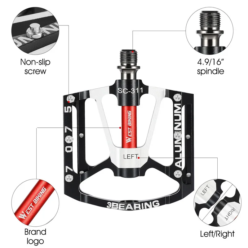 WEST BIKING Bike Cycling Pedals Ultralight 3 Bearing MTB Road Bike Pedals Non-slip Aluminum Alloy Flat Pedal Cycling Par image 4