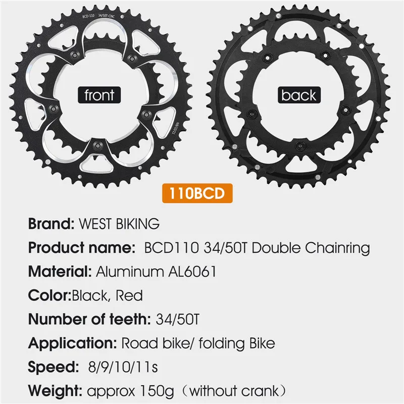 Aluminium Alloy Road Bike Chainring 34T/50T 110BCD image 5