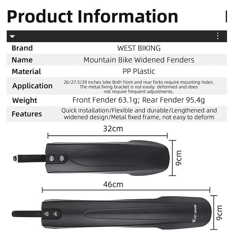 WEST BIKING Bicycle Fenders Mountain Bike Mudguard 26-29Inch Front Rear Tire Wheel MTB Bike Guard Fender Bicycle Protect image 6