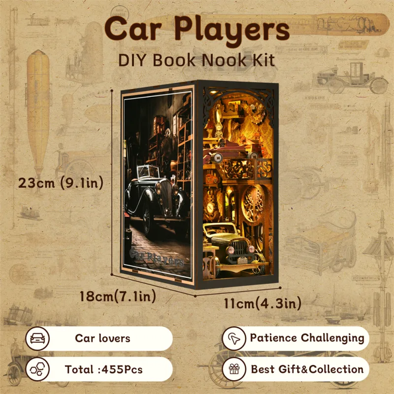 Book Nook Kit Classic Car F1 DIY Wooden Puzzle Bookshelf Insert Decor Dollhouse Model Bookend Building Home Decoration G image 3