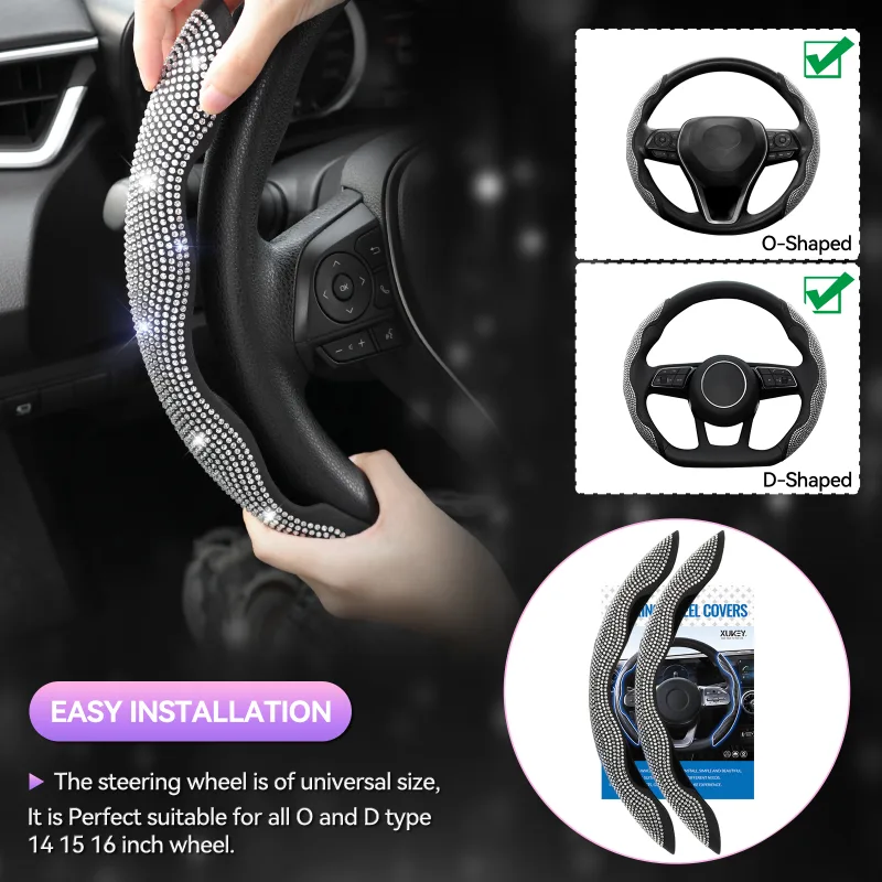 2PCS Diamond Car Steering Wheel Cover Booster Anti-slip Crystal Rhinestones Sparkling For Women Girl Car Interior Access image 2