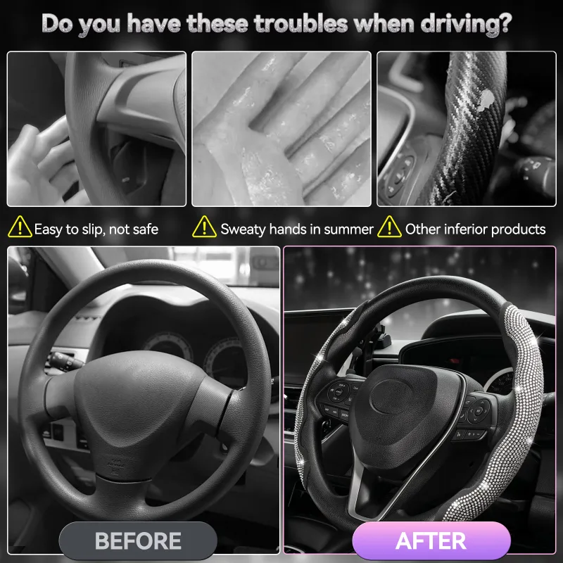 2PCS Diamond Car Steering Wheel Cover Booster Anti-slip Crystal Rhinestones Sparkling For Women Girl Car Interior Access image 5