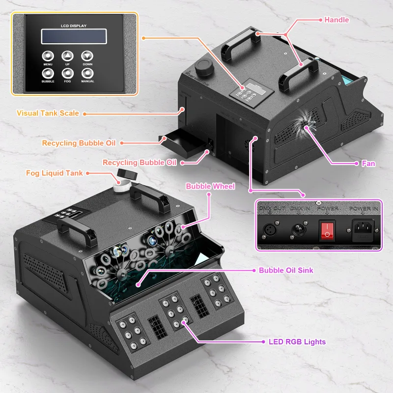 1500W Smoke Bubble Machine 3in1 RGB 18 LEDs Bubble Fog Machine DMX512 Remote Stage Effect Light For DJ Party Wedding Hal image 5