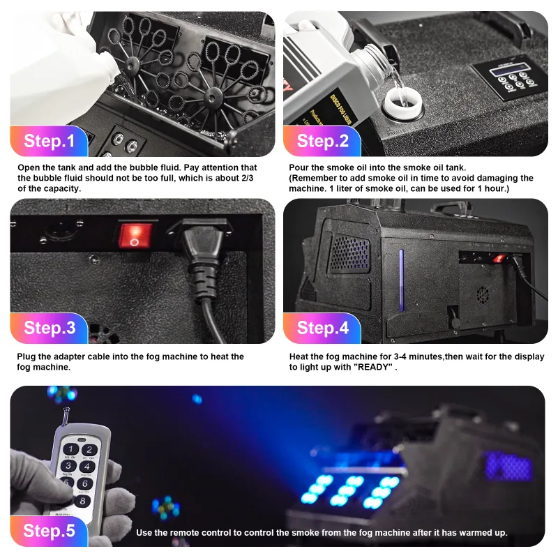 1500W Smoke Bubble Machine 3in1 RGB 18 LEDs Bubble Fog Machine DMX512 Remote Stage Effect Light For DJ Party Wedding Hal image 6