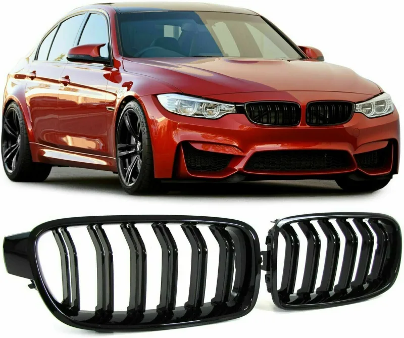 FITS BMW F30 F31 F35 3 SERIES 2011-2019 KIDNEY TWIN GRILL GLOSS BLACK DUAL LINE UK image 1