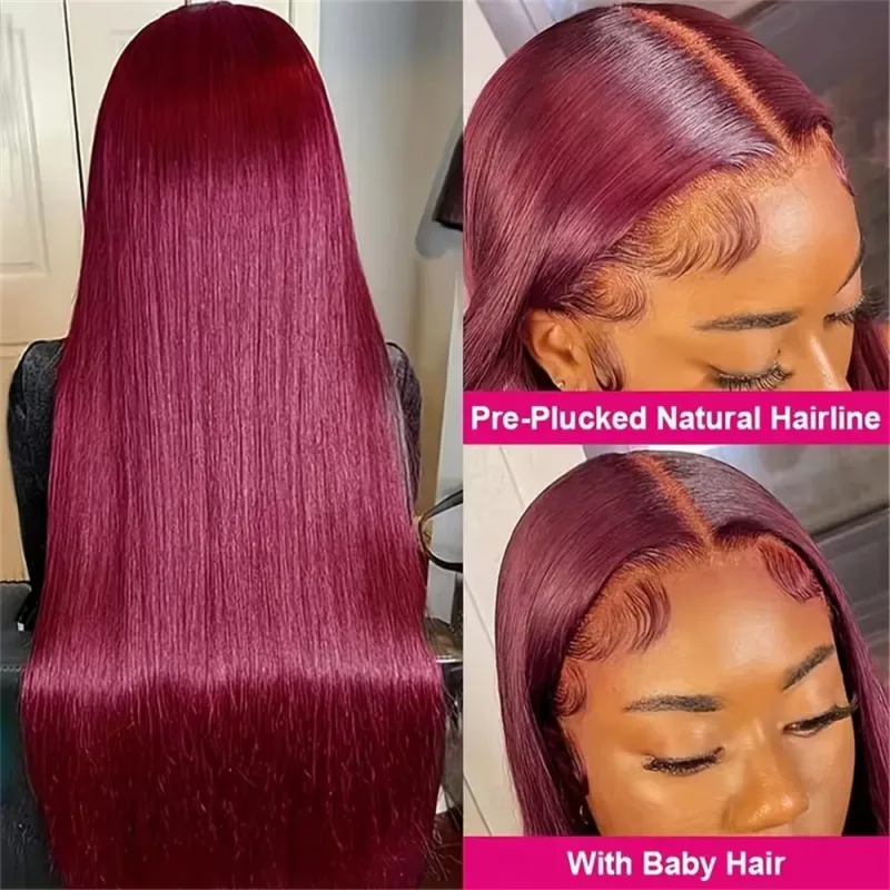 Burgundy 13x6 HD Lace Frontal Human Hair Wig Straight wig 13x4 Lace Front Human Hair Wigs For Women 99J Colored 200 High image 2