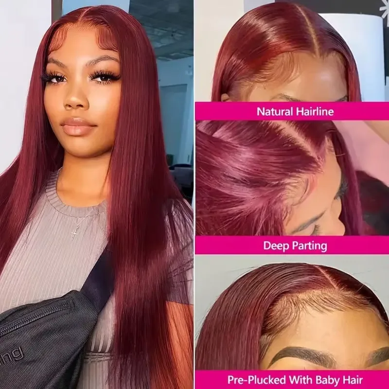 Burgundy 13x6 HD Lace Frontal Human Hair Wig Straight wig 13x4 Lace Front Human Hair Wigs For Women 99J Colored 200 High image 3
