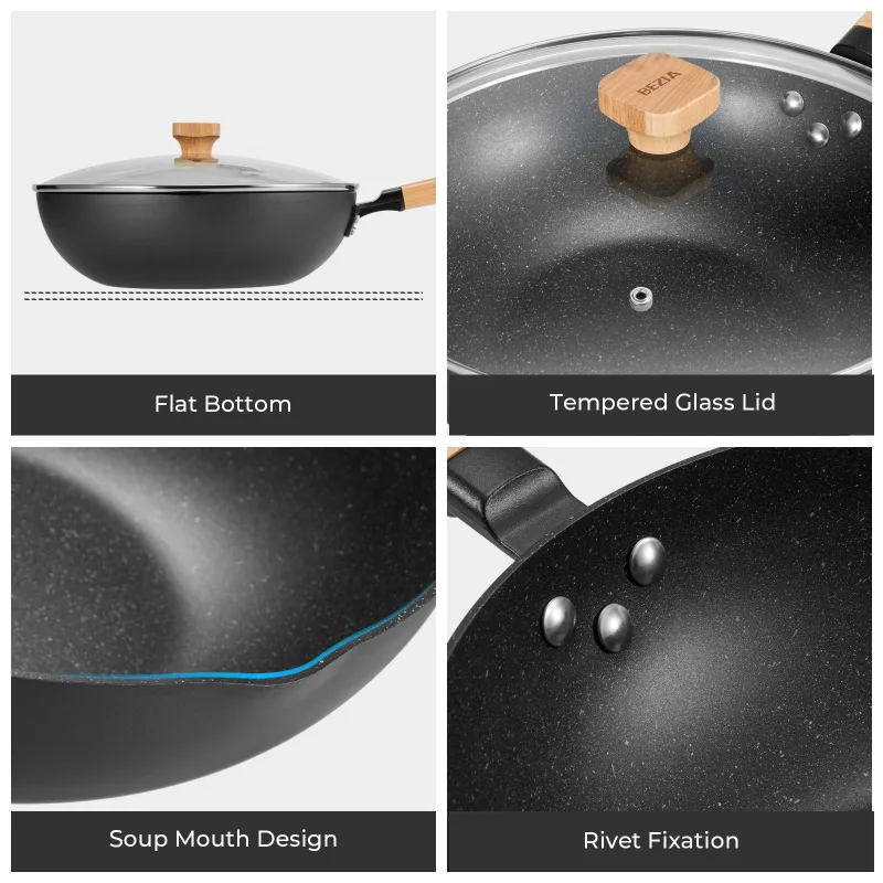 Inductions Wok with Lid, Non-Stick Wok Pan 30cm, Stir-Fry Pan with Wooden Handle, Easy Cleanup ＆ Ovensafe, for All Hobs image 2