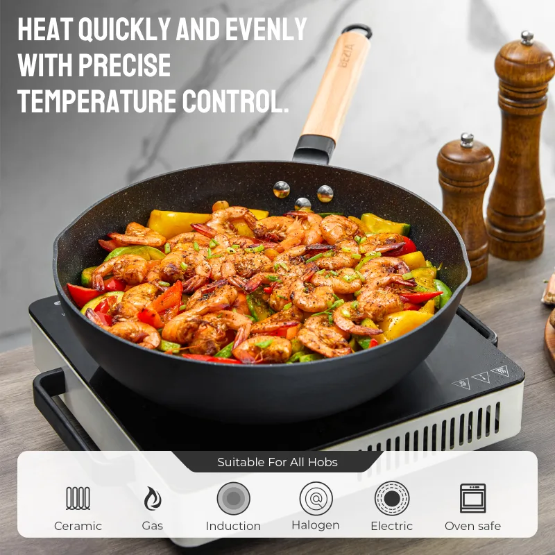 Inductions Wok with Lid, Non-Stick Wok Pan 30cm, Stir-Fry Pan with Wooden Handle, Easy Cleanup ＆ Ovensafe, for All Hobs image 4