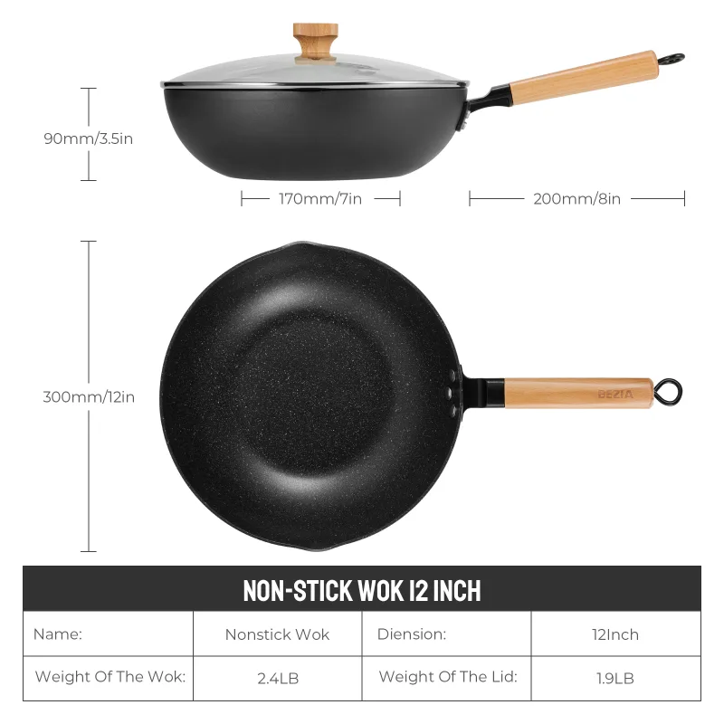 Inductions Wok with Lid, Non-Stick Wok Pan 30cm, Stir-Fry Pan with Wooden Handle, Easy Cleanup ＆ Ovensafe, for All Hobs image 5