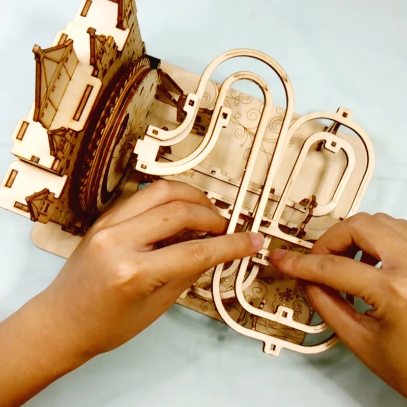 Electric Marble Run Mechanical Building Model Kit 3D Wooden Puzzle  track with lights Brain Teaser Puzzle DIY handmade C image 4