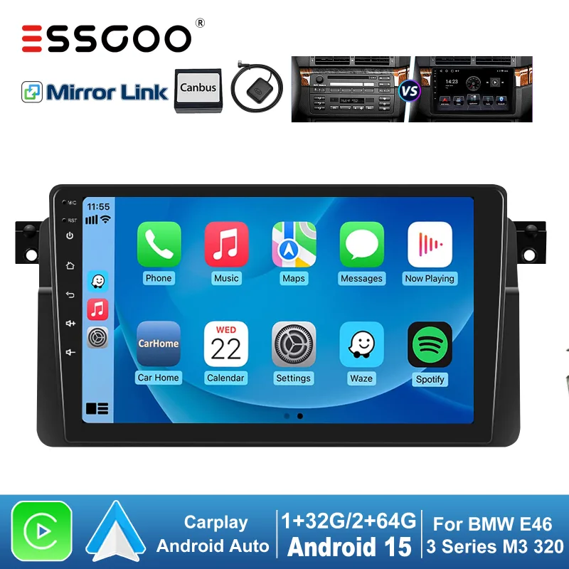 ESSGOO 9" Android 15 Car Stereo Radio for BMW E46/ M3 / Rover 75 / MG ZT (1998-2006) Carplay/Android Auto Touchscreen GP image 1