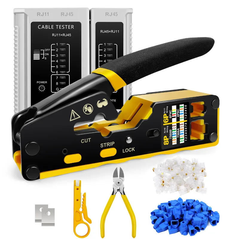 DayPlus Pass Through RJ45 Crimp Tool Kit Ethernet Crimper CAT5 Cat5e Cat6 Crimping Tool Kit 3 IN 1 - Crimp Cutting Peeli image 1