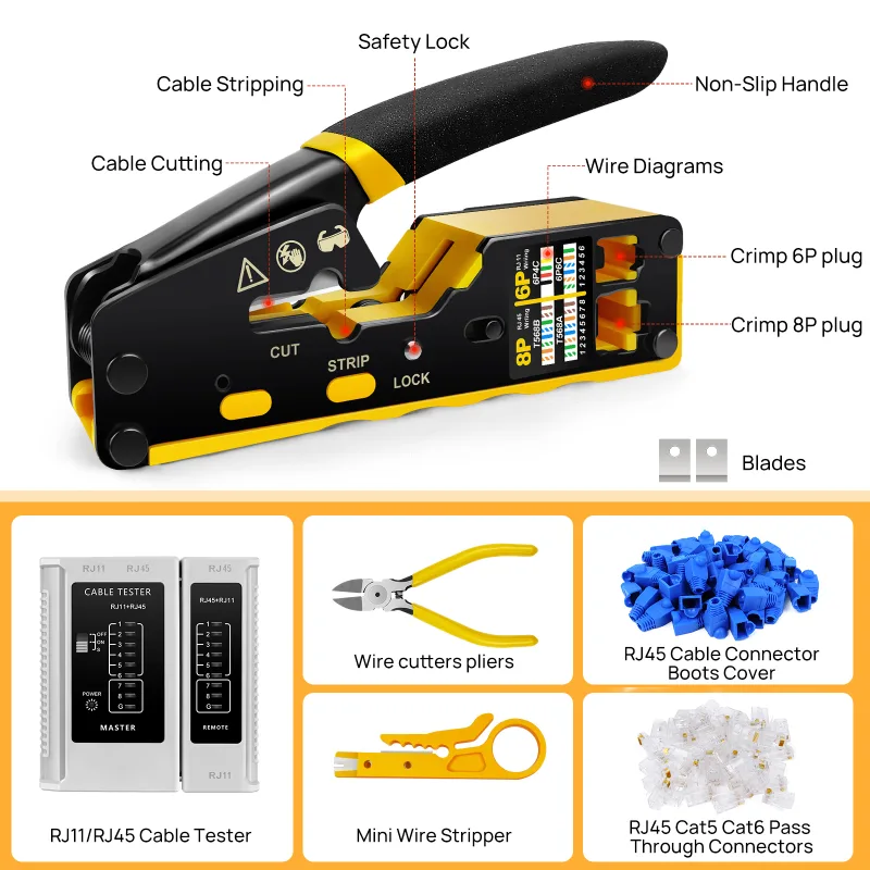 DayPlus Pass Through RJ45 Crimp Tool Kit Ethernet Crimper CAT5 Cat5e Cat6 Crimping Tool Kit 3 IN 1 - Crimp Cutting Peeli image 2