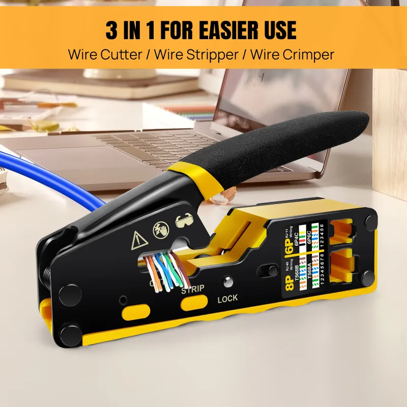 DayPlus Pass Through RJ45 Crimp Tool Kit Ethernet Crimper CAT5 Cat5e Cat6 Crimping Tool Kit 3 IN 1 - Crimp Cutting Peeli image 6