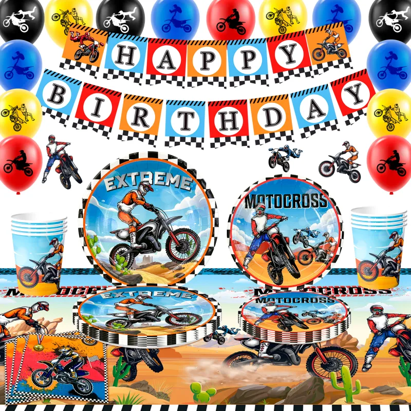 Motorcycle Birthday Supplies,98pcs Decorations&Motorcycle Theme Party Tableware Set-Dirt Bike Party Plates and Napkins C image 1