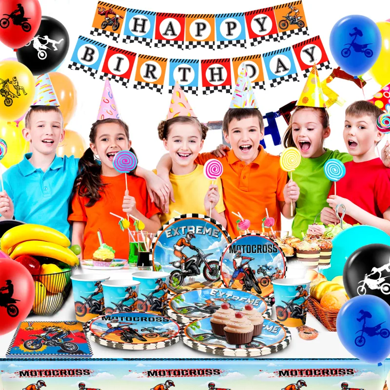 Motorcycle Birthday Supplies,98pcs Decorations&Motorcycle Theme Party Tableware Set-Dirt Bike Party Plates and Napkins C image 2