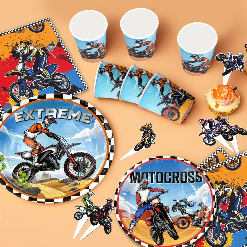 Motorcycle Birthday Supplies,98pcs Decorations&Motorcycle Theme Party Tableware Set-Dirt Bike Party Plates and Napkins C image 3