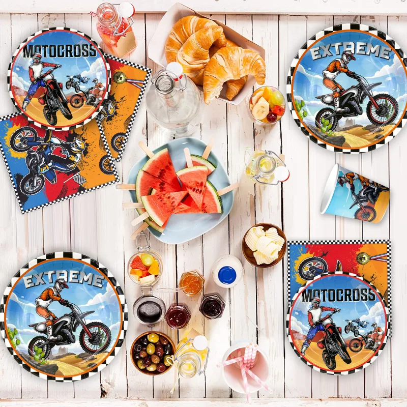 Motorcycle Birthday Supplies,98pcs Decorations&Motorcycle Theme Party Tableware Set-Dirt Bike Party Plates and Napkins C image 4