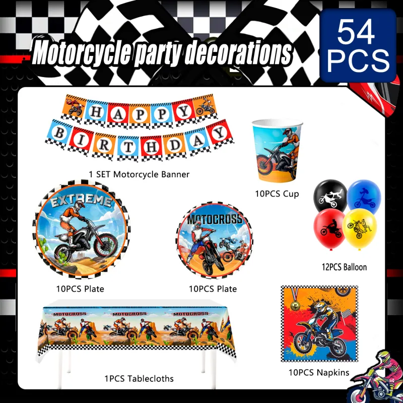 Motorcycle Birthday Supplies,98pcs Decorations&Motorcycle Theme Party Tableware Set-Dirt Bike Party Plates and Napkins C image 6