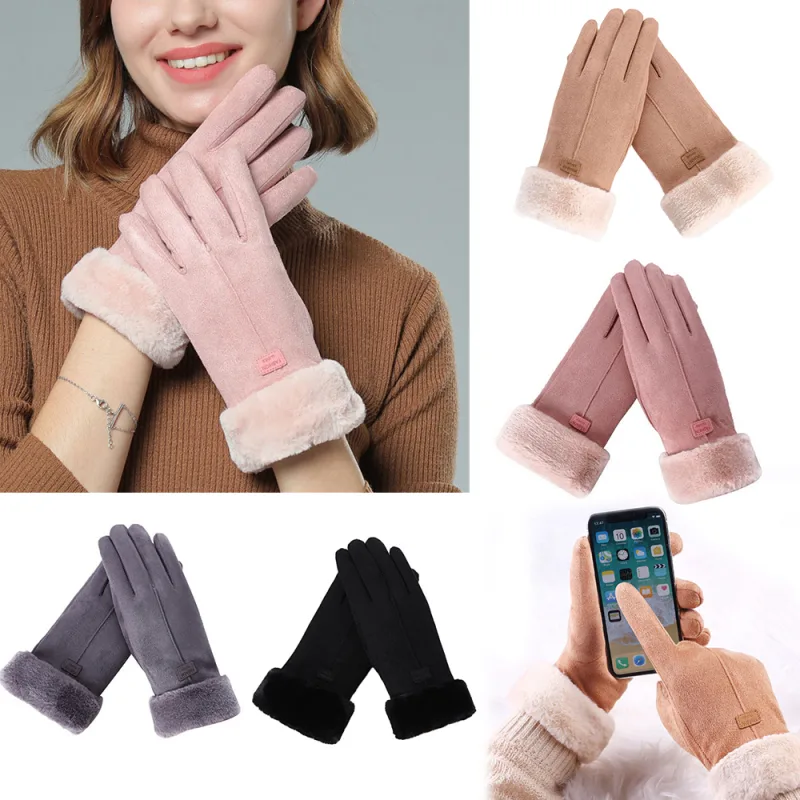 1pair Women Ladies Winter Gloves Touch Screen Fleece Suede Warm Soft Fur Lined Thermal image 1