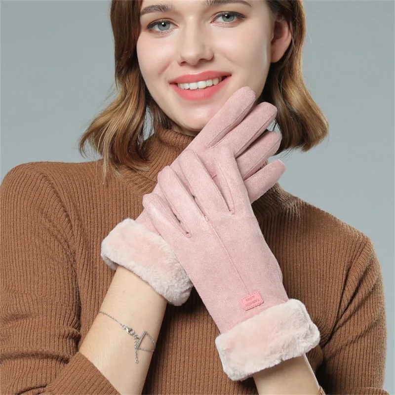 1pair Women Ladies Winter Gloves Touch Screen Fleece Suede Warm Soft Fur Lined Thermal image 3