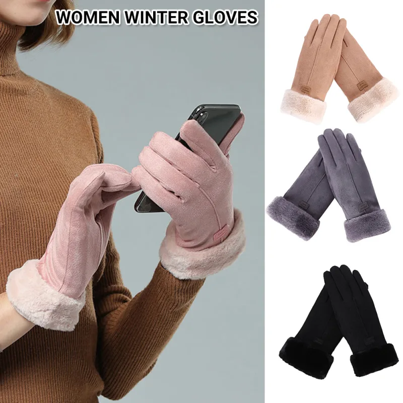 1pair Women Ladies Winter Gloves Touch Screen Fleece Suede Warm Soft Fur Lined Thermal image 6