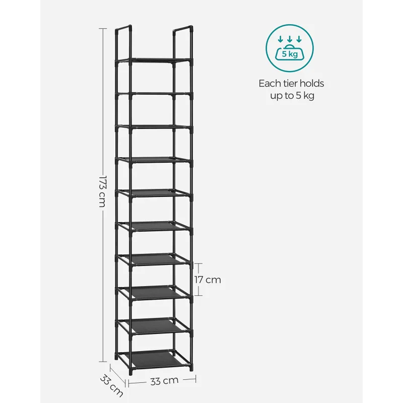 SONGMICS 10-Tier Shoe Rack, Shoe Stand, Space-Saving Shoe Storage, 33 x 33 x 173 cm, Metal Frame, Non-Woven Fabric Shelv image 2