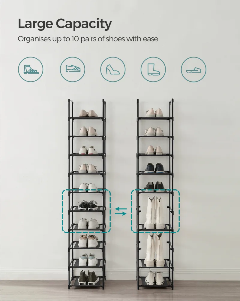 SONGMICS 10-Tier Shoe Rack, Shoe Stand, Space-Saving Shoe Storage, 33 x 33 x 173 cm, Metal Frame, Non-Woven Fabric Shelv image 5