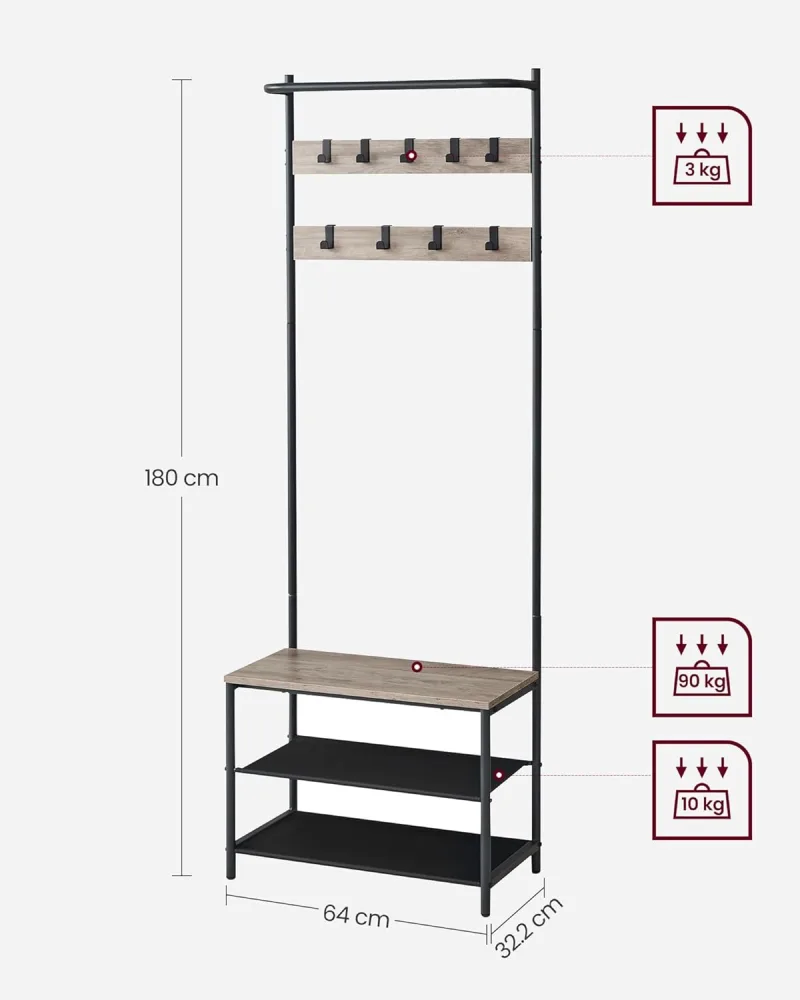 VASAGLE Coat Rack with Shoe Storage, Hall Tree, Coat Stand with Shoe Bench, 9 Movable Hooks, Top Bar, 32.2 x 64 x 180 cm image 2